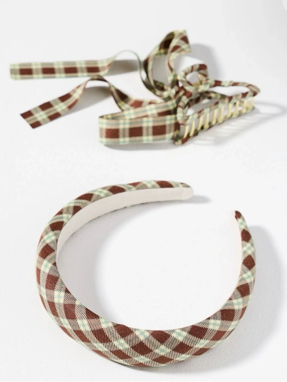 Anthropologie Plaid Headband & Bow Hair Claw Clip Set, NWT